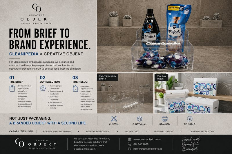 Cleanipedia campaign board showing branded perspex caddies and toolboxes made by Creative Objekt