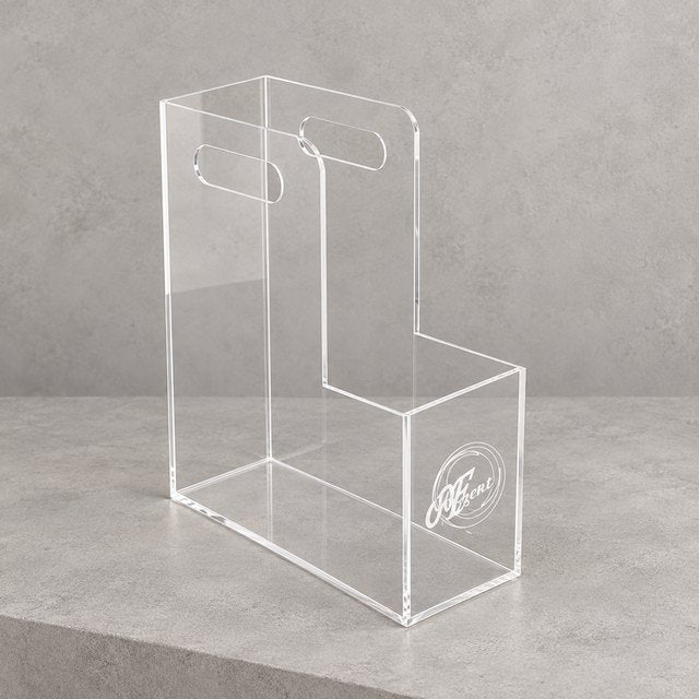 A clear perspex document holder with a small engraved logo