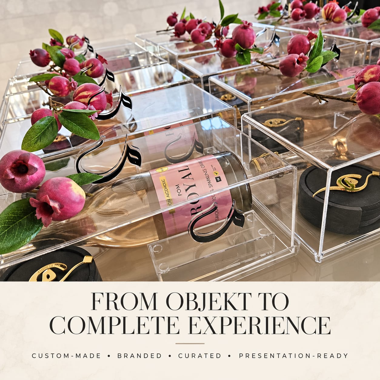 Clear Perspex display boxes arranged with fruit and branded products